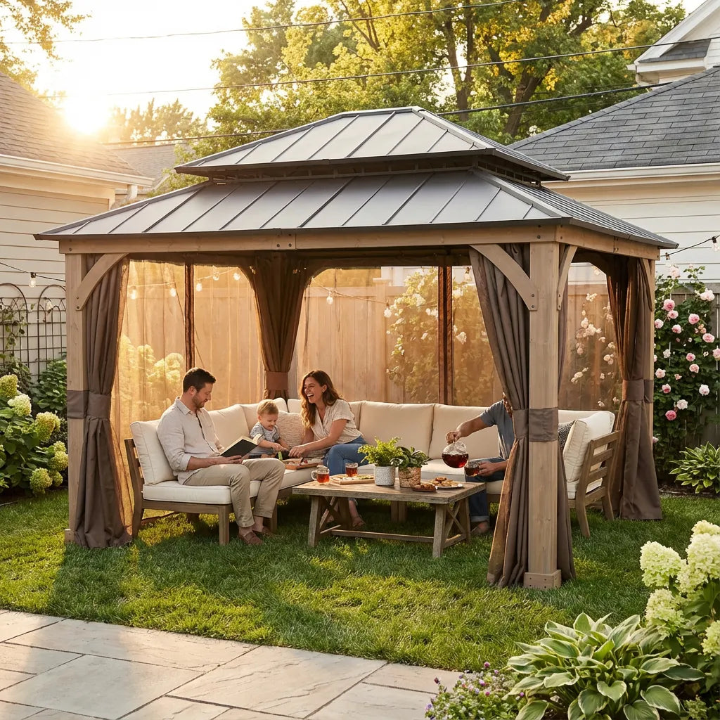 SUNJOY 11x13 Wooden Gazebo with Double Steel Roof, Nettings and Curtains - Weathered Cedar