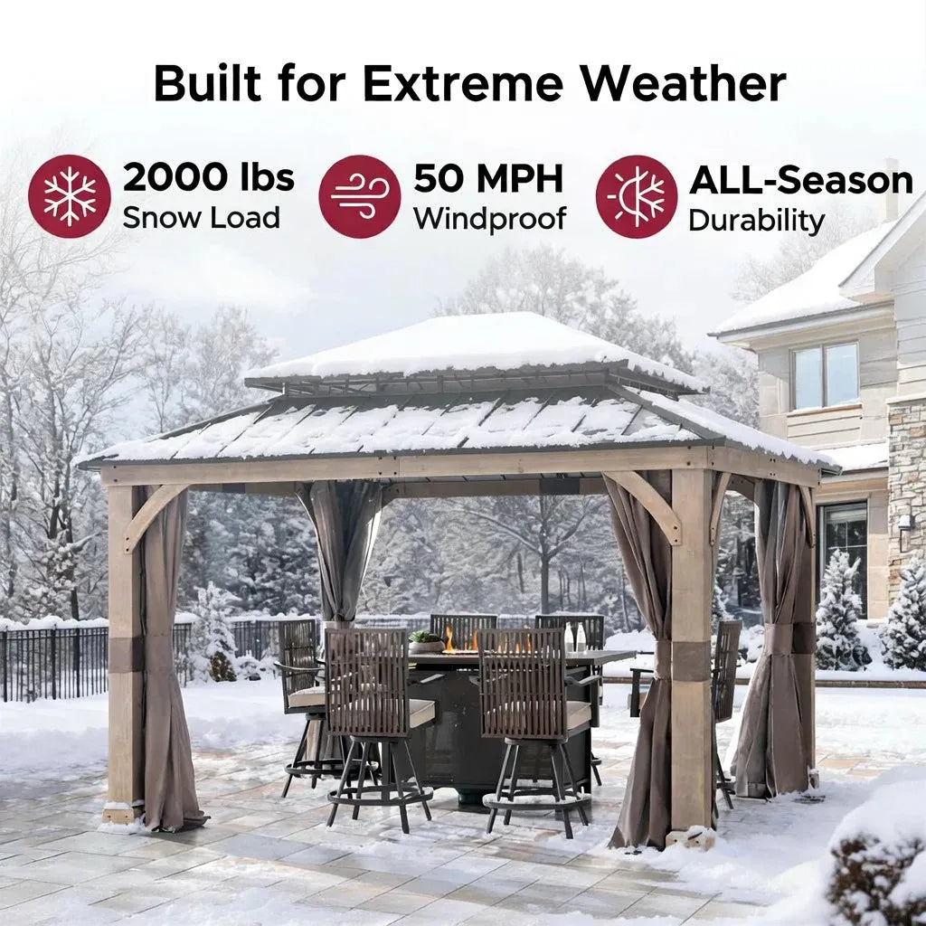 SUNJOY 11x13 Wood Hardtop Gazebo with 5.5" Thick Posts, Extra-Large Vent Top, Netting & Curtains