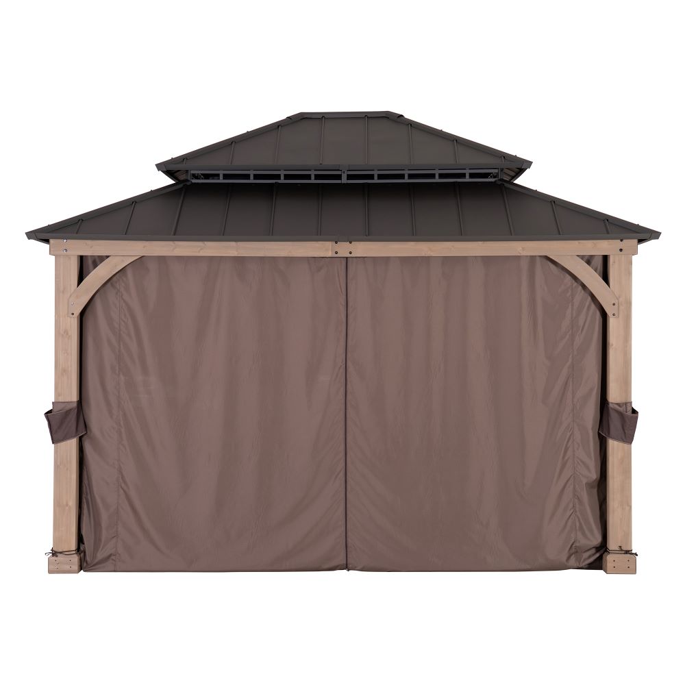 SUNJOY 11x13 Wooden Gazebo with Double Steel Roof, Nettings and Curtains - Weathered Cedar
