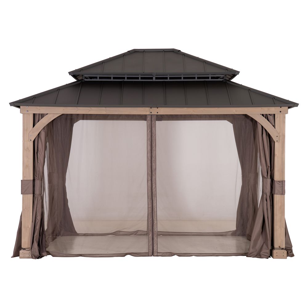 SUNJOY 11x13 Wooden Gazebo with Double Steel Roof, Nettings and Curtains - Weathered Cedar