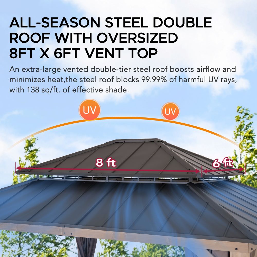 SUNJOY 11x13 Wooden Gazebo with Double Steel Roof, Nettings and Curtains - Weathered Cedar