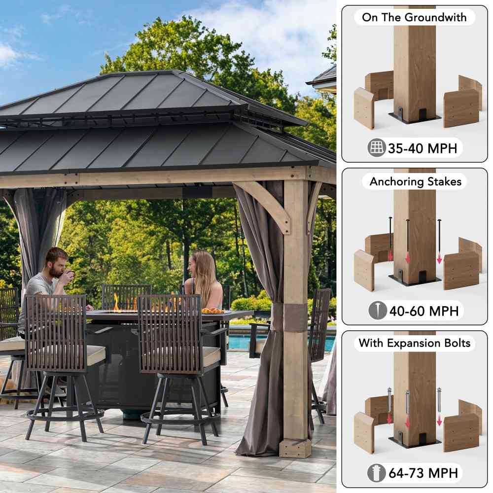 SUNJOY 11x13 Wooden Gazebo with Double Steel Roof, Nettings and Curtains - Weathered Cedar