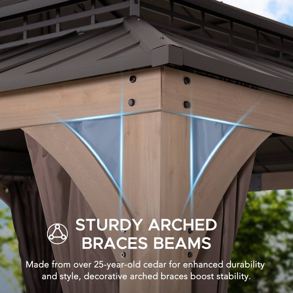 SUNJOY 11x13 Wooden Gazebo with Double Steel Roof, Nettings and Curtains - Weathered Cedar