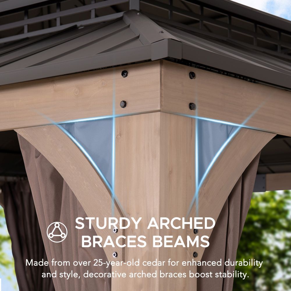 SUNJOY 11x13 Wooden Gazebo with Double Steel Roof, Nettings and Curtains - Weathered Cedar