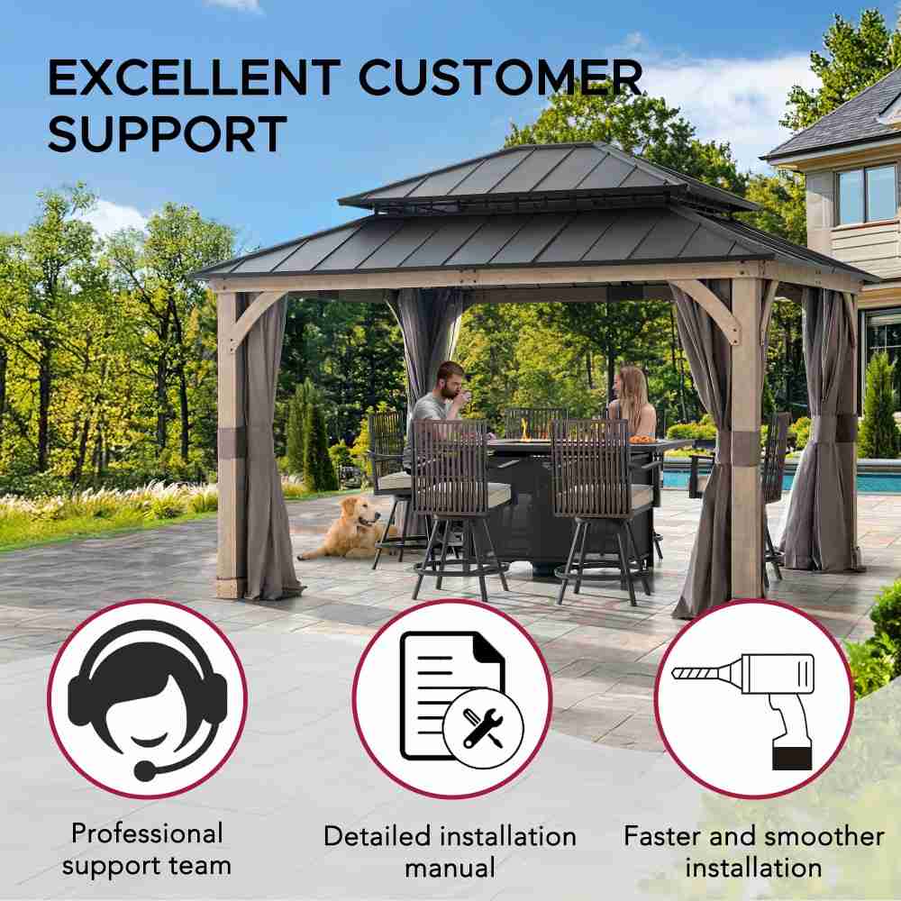 SUNJOY 11x13 Wooden Gazebo with Double Steel Roof, Nettings and Curtains - Weathered Cedar