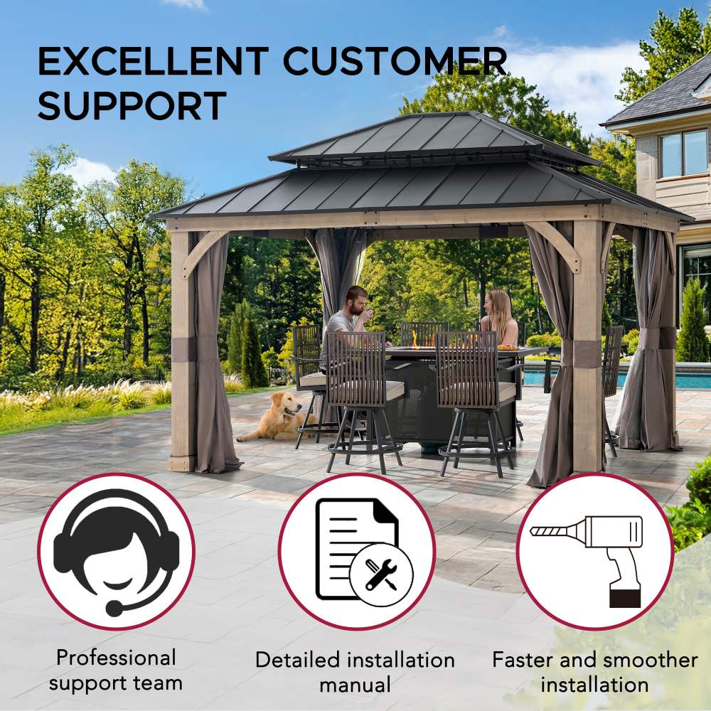 SUNJOY 11x13 Wooden Gazebo with Double Steel Roof, Nettings and Curtains - Weathered Cedar