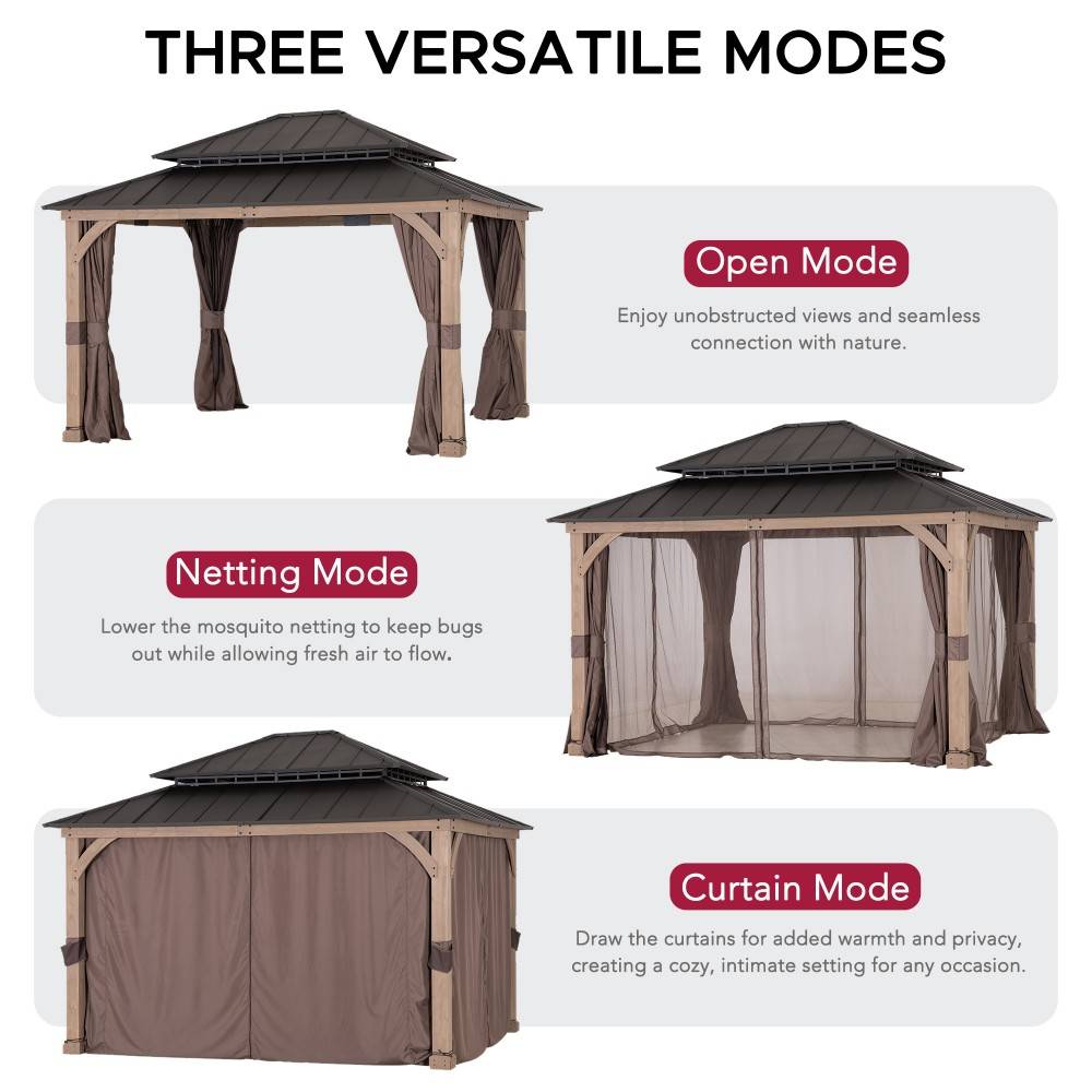 SUNJOY 11x13 Wooden Gazebo with Double Steel Roof, Nettings and Curtains - Weathered Cedar