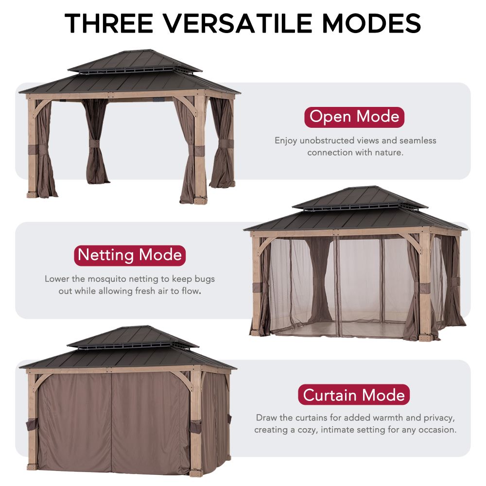 SUNJOY 11x13 Wooden Gazebo with Double Steel Roof, Nettings and Curtains - Weathered Cedar