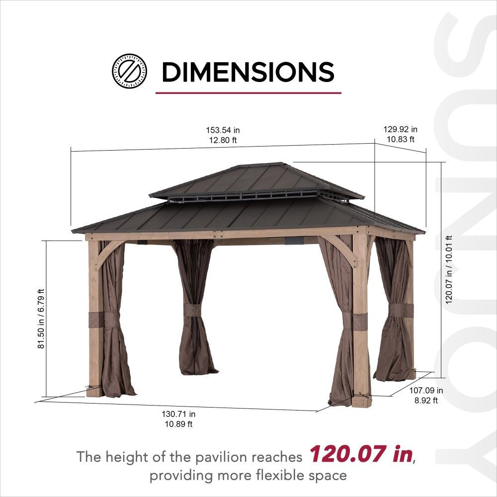 SUNJOY 11x13 Wooden Gazebo with Double Steel Roof, Nettings and Curtains - Weathered Cedar