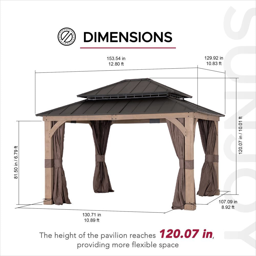 SUNJOY 11x13 Wooden Gazebo with Double Steel Roof, Nettings and Curtains - Weathered Cedar