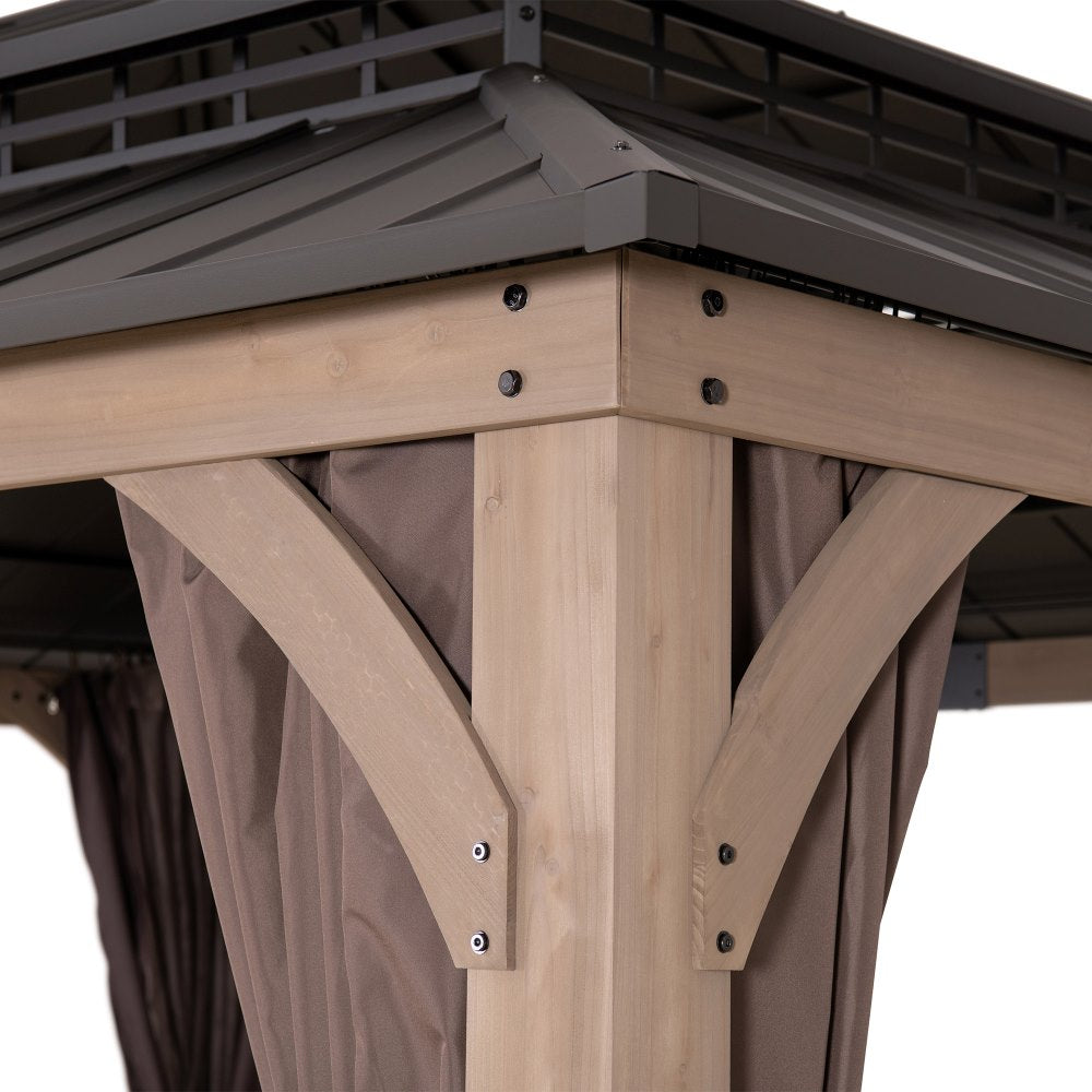 SUNJOY 11x13 Wooden Gazebo with Double Steel Roof, Nettings and Curtains - Weathered Cedar