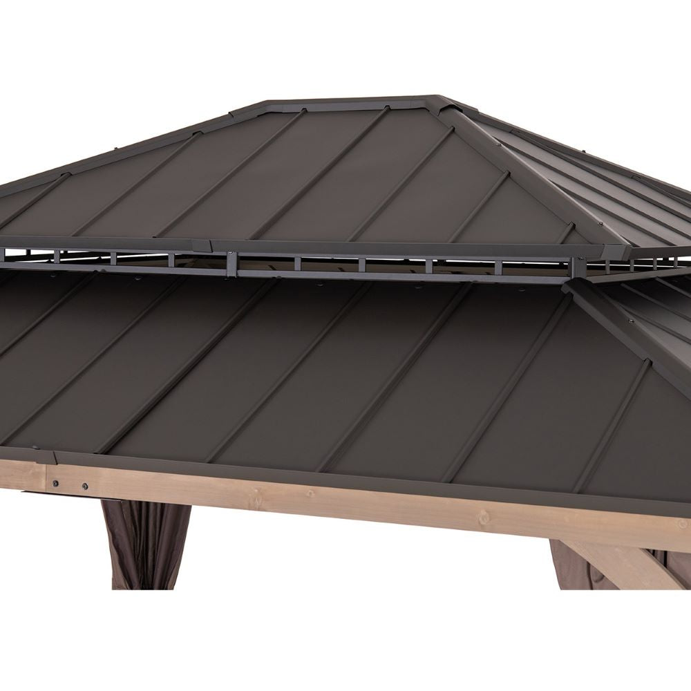 SUNJOY 11x13 Wooden Gazebo with Double Steel Roof, Nettings and Curtains - Weathered Cedar