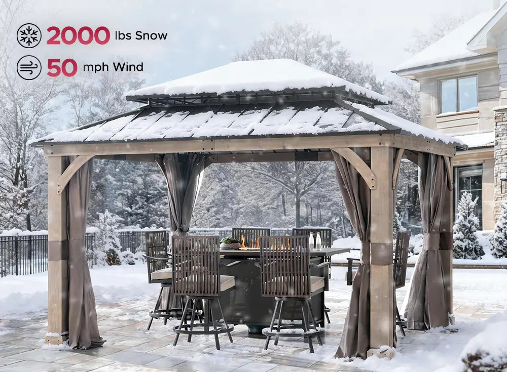 SUNJOY 11x13 Wooden Gazebo with Double Steel Roof, Nettings and Curtains - Weathered Cedar