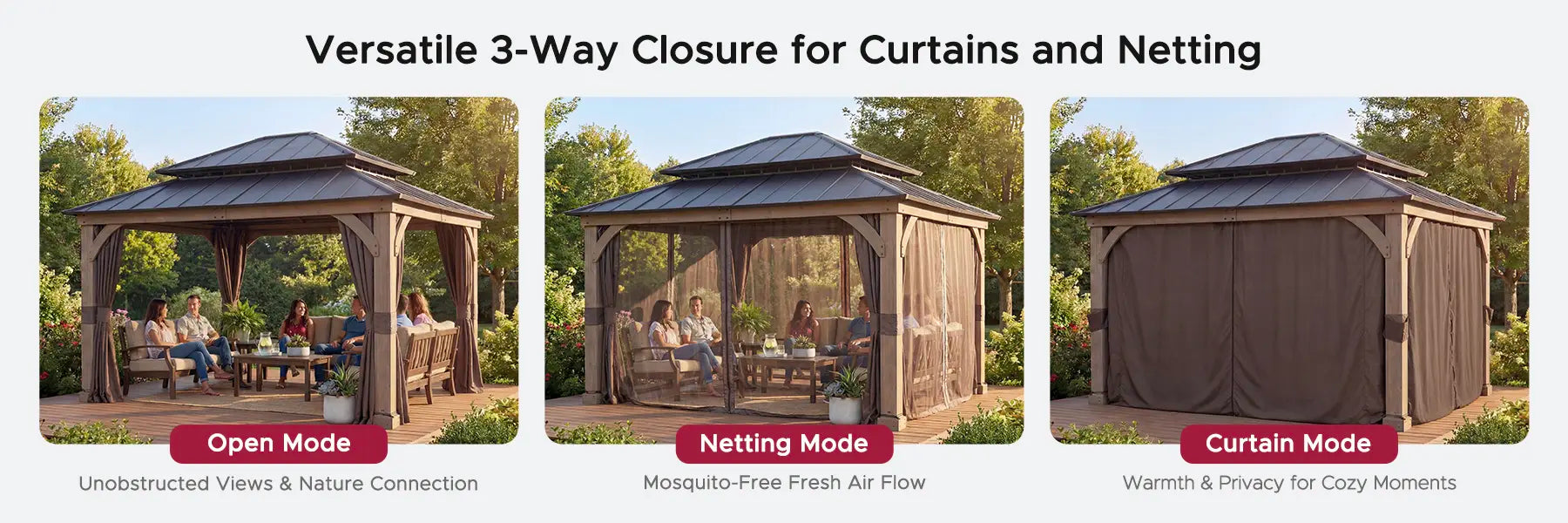 SUNJOY 11x13 Wooden Gazebo with Double Steel Roof, Nettings and Curtains - Weathered Cedar