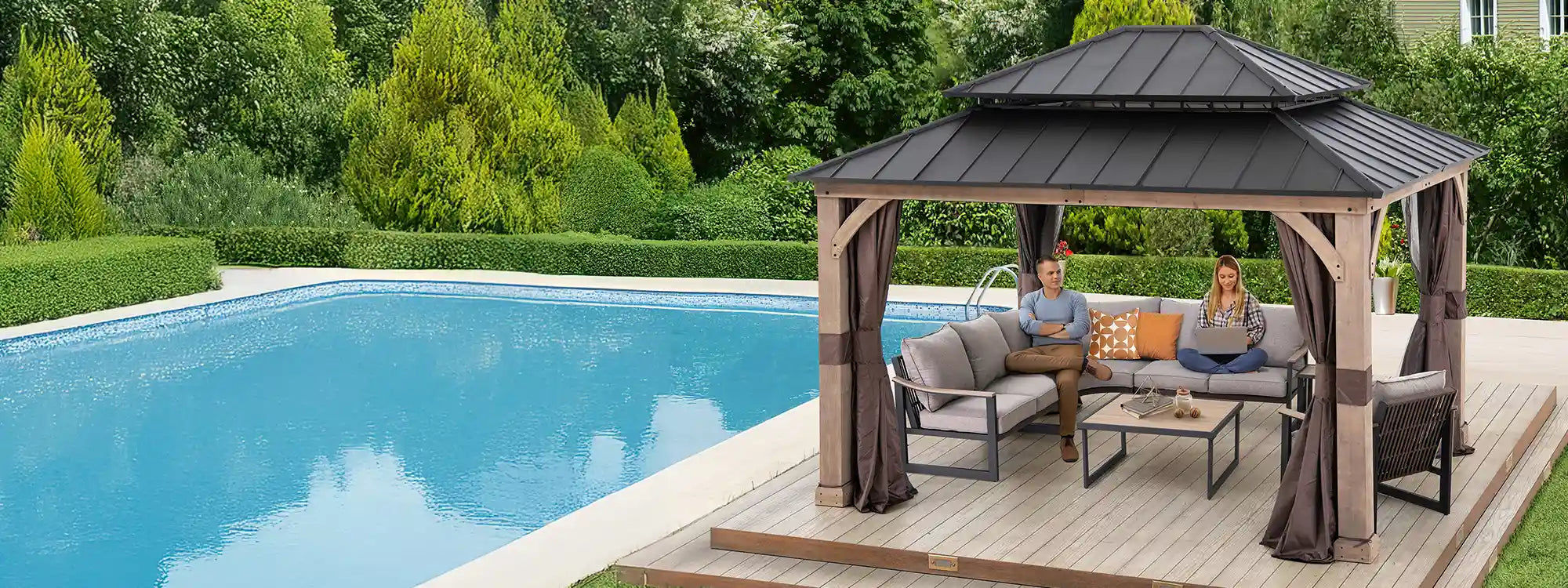 SUNJOY 11x13 Wooden Gazebo with Double Steel Roof, Nettings and Curtains - Weathered Cedar