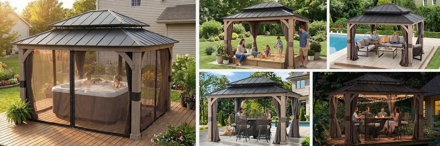 SUNJOY 11x13 Wooden Gazebo with Double Steel Roof, Nettings and Curtains - Weathered Cedar