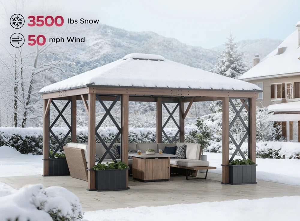 SUNJOY 13x15 Aluminum Framed Hard Top Gazebo with Planters and Ceiling Hook