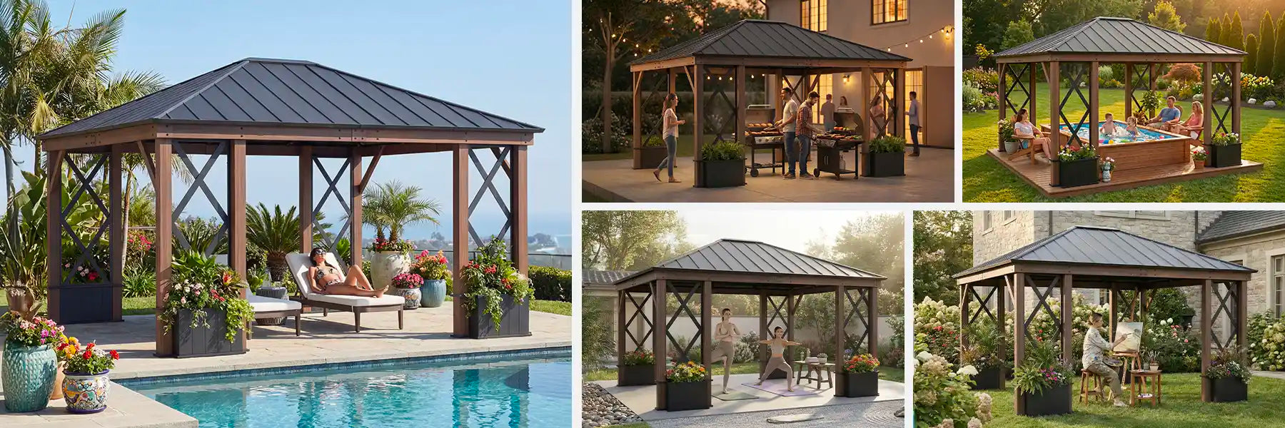 SUNJOY 13x15 Aluminum Framed Hard Top Gazebo with Planters and Ceiling Hook