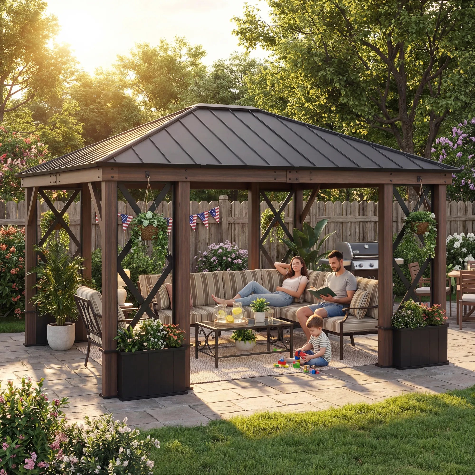 SUNJOY 13x15 Aluminum Framed Hard Top Gazebo with Planters