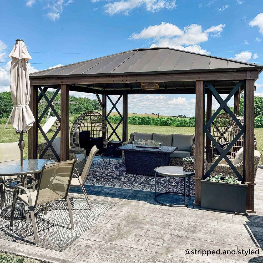 SUNJOY 13x15 Aluminum Framed Hard Top Gazebo with Planters.