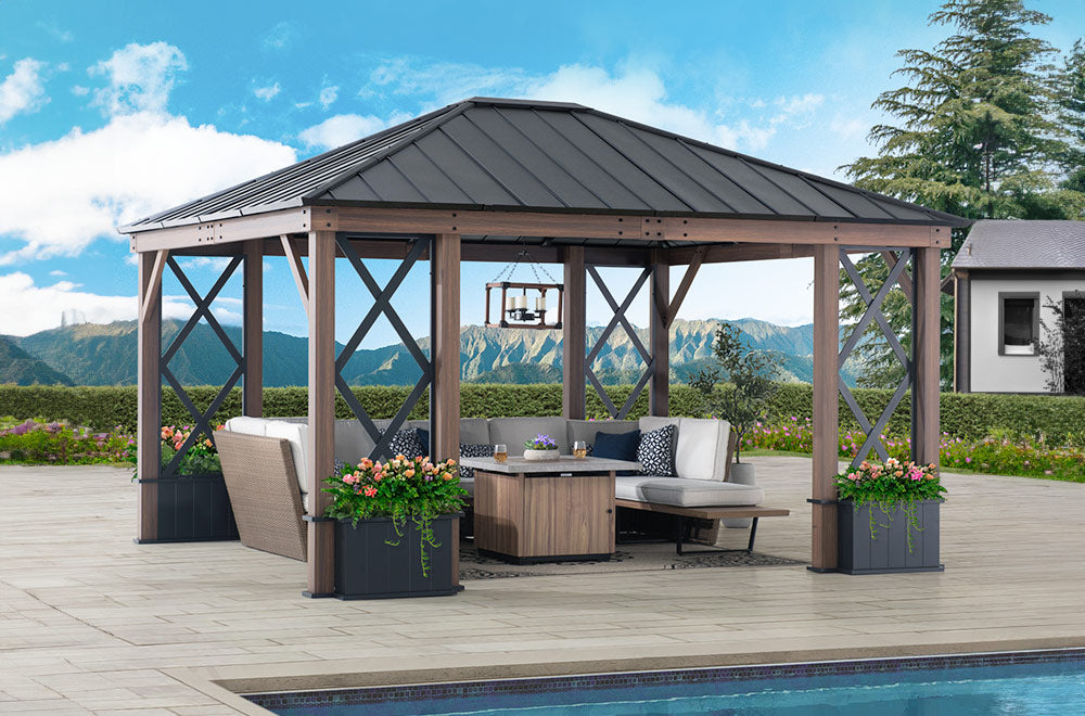 SUNJOY 13x15 Aluminum Framed Hard Top Gazebo with Planters