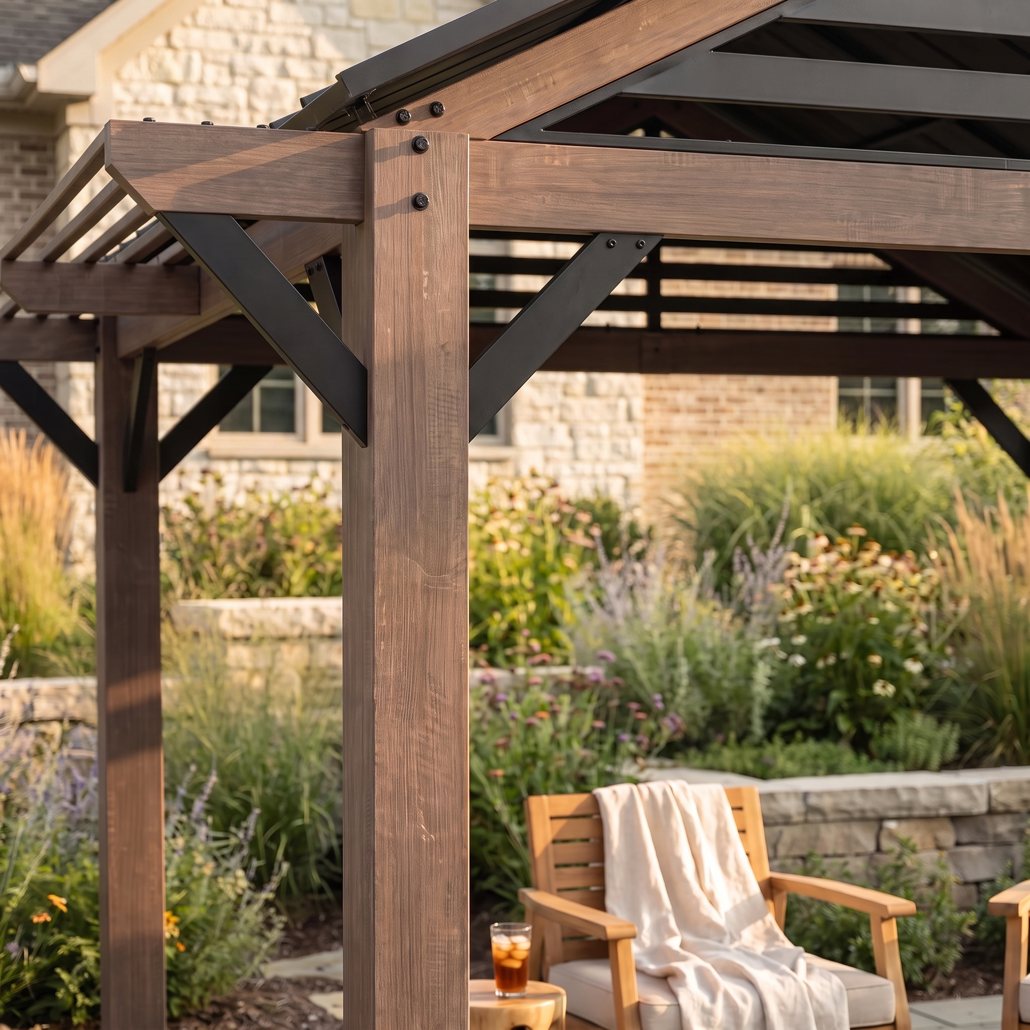 Apex Woodgrain Gable Steel Roof Patio Gazebo, 13×13