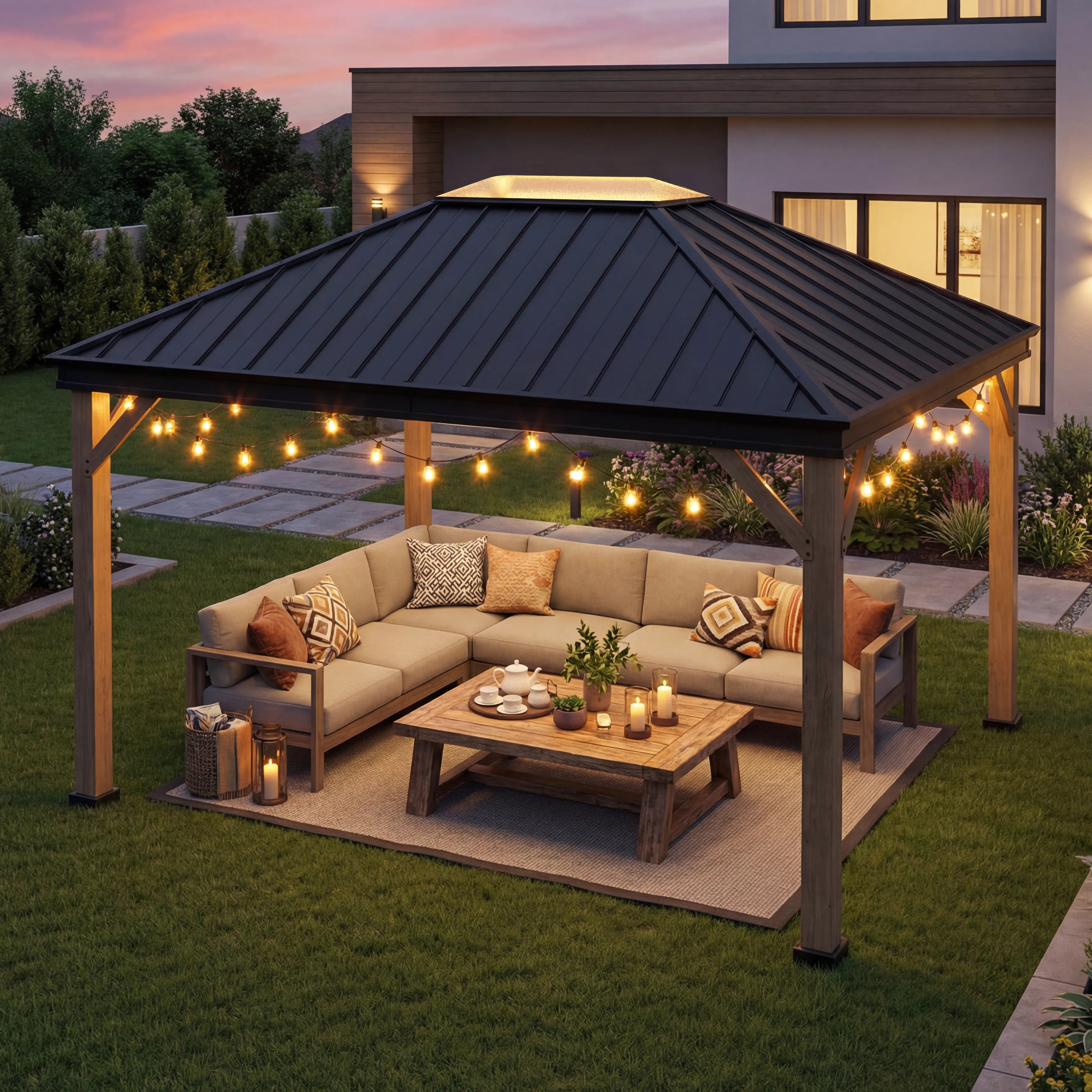 SUNJOY 11x13 Black Steel Hardtop Gazebo with Skylight