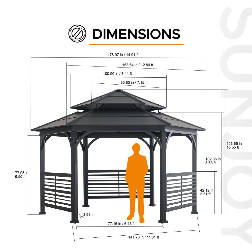 SUNJOY 15x15 Metal Roof Hexagon Gazebo with Decorative Fence.