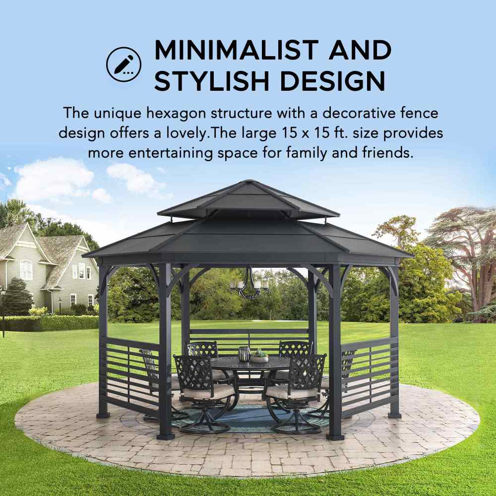 SUNJOY 15x15 Metal Roof Hexagon Gazebo with Decorative Fence.