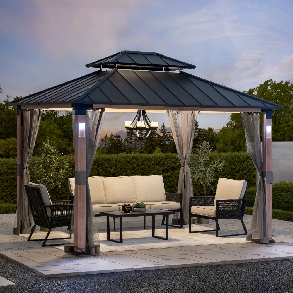 SUNJOY 10x12 Kirkfield Metal Gazebo with Netting and LED Lights.