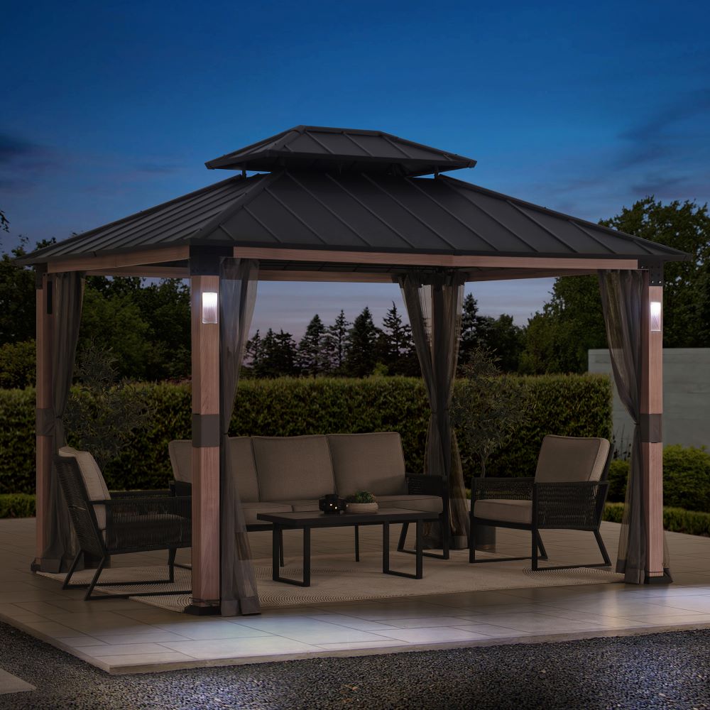 SUNJOY 10x12 Kirkfield Metal Gazebo with Netting and LED Lights.