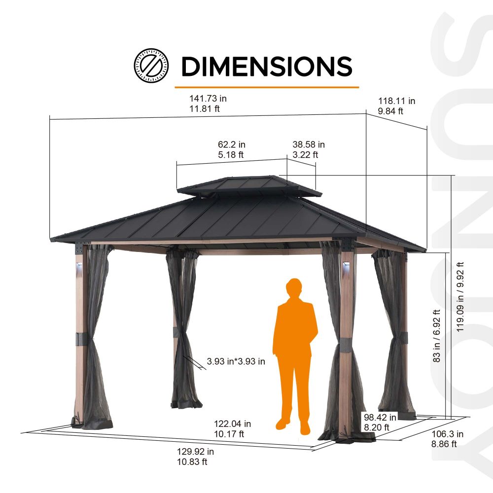 SUNJOY 10x12 Kirkfield Metal Gazebo with Netting and LED Lights.
