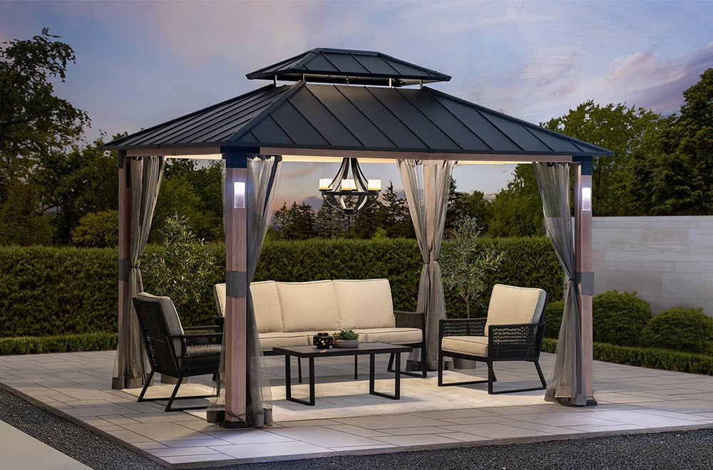 SUNJOY 10x12 Kirkfield Metal Gazebo with Netting and LED Lights