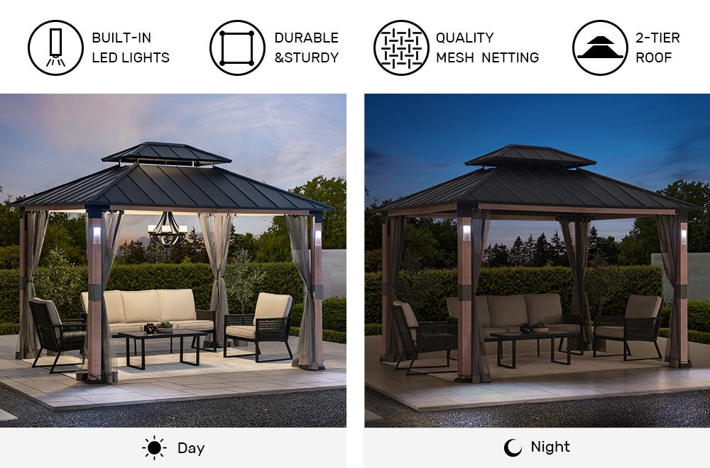 SUNJOY 10x12 Kirkfield Metal Gazebo with Netting and LED Lights