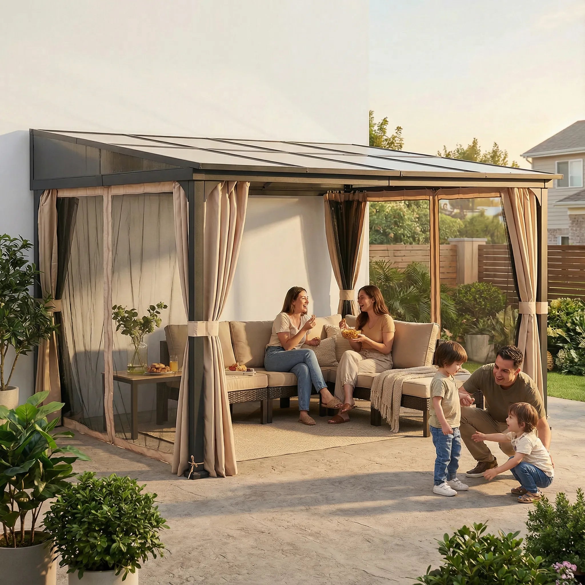 SUNJOY 10x12 Polycarbonate Roof Wall Mounted Gazebo, Lean to Gazebo with Curtain and Netting