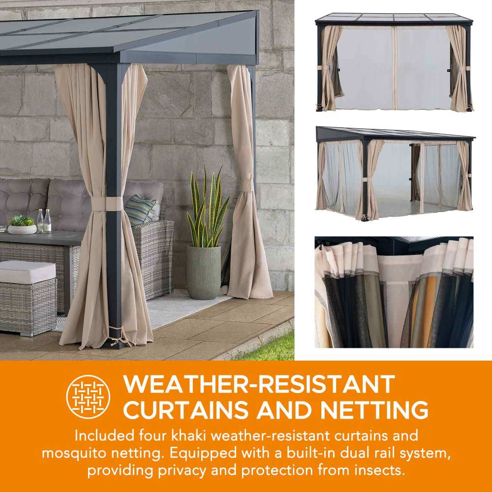 SUNJOY 10x12 Polycarbonate Roof Wall Mounted Gazebo, Lean to Gazebo with Curtain and Netting