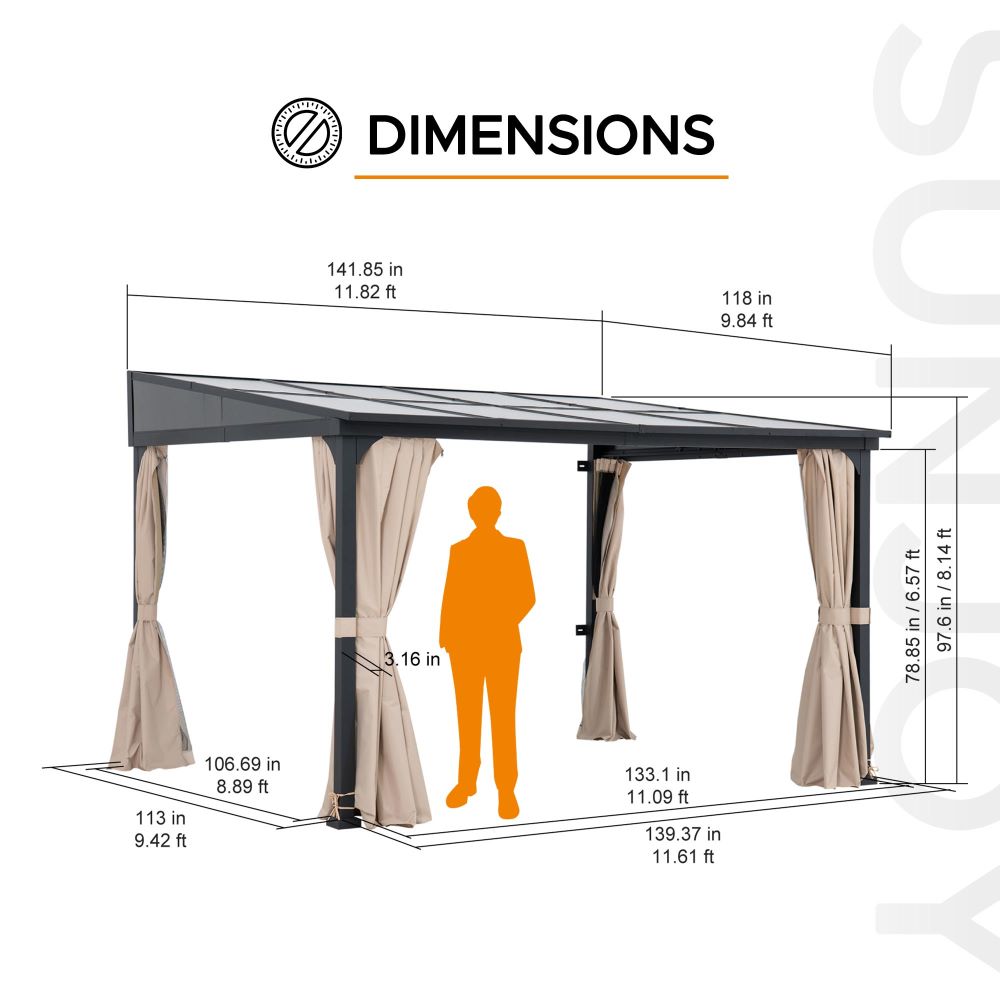 SUNJOY 10x12 Polycarbonate Roof Wall Mounted Gazebo, Lean to Gazebo with Curtain and Netting