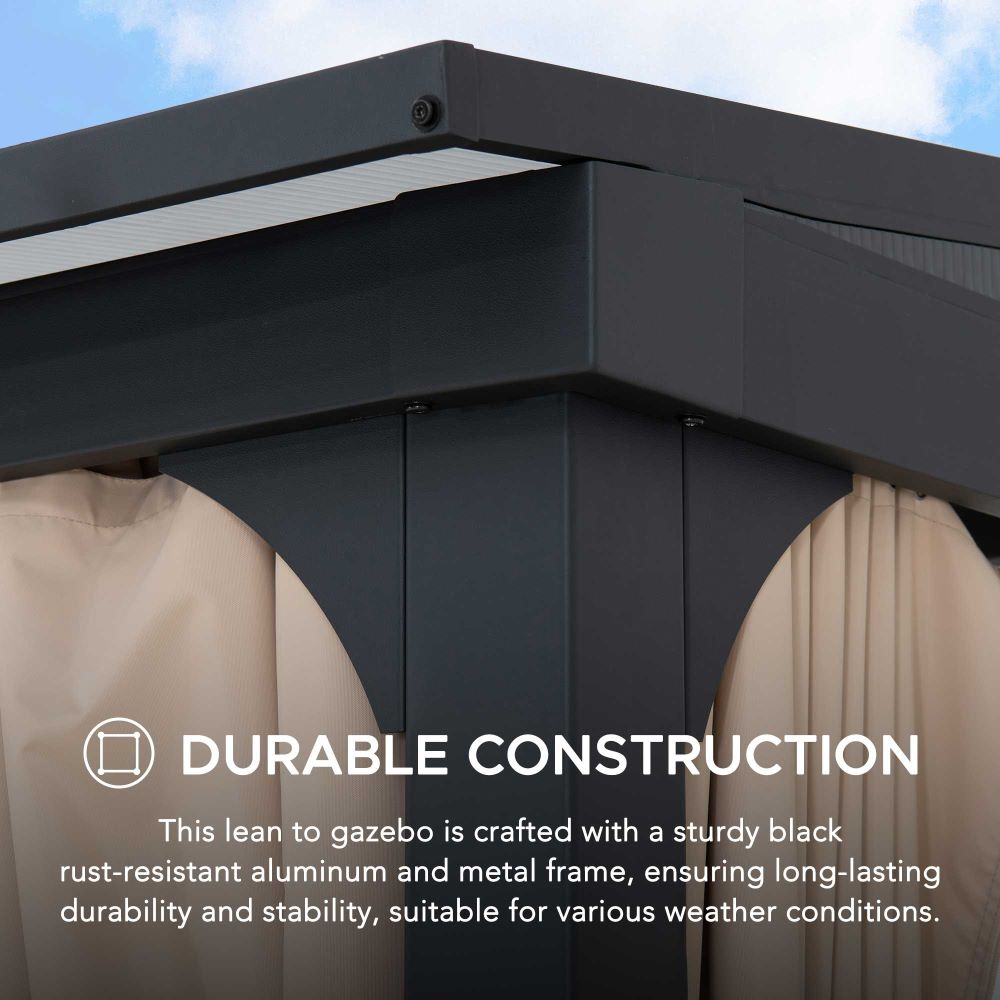 SUNJOY 10x12 Polycarbonate Roof Wall Mounted Gazebo, Lean to Gazebo with Curtain and Netting