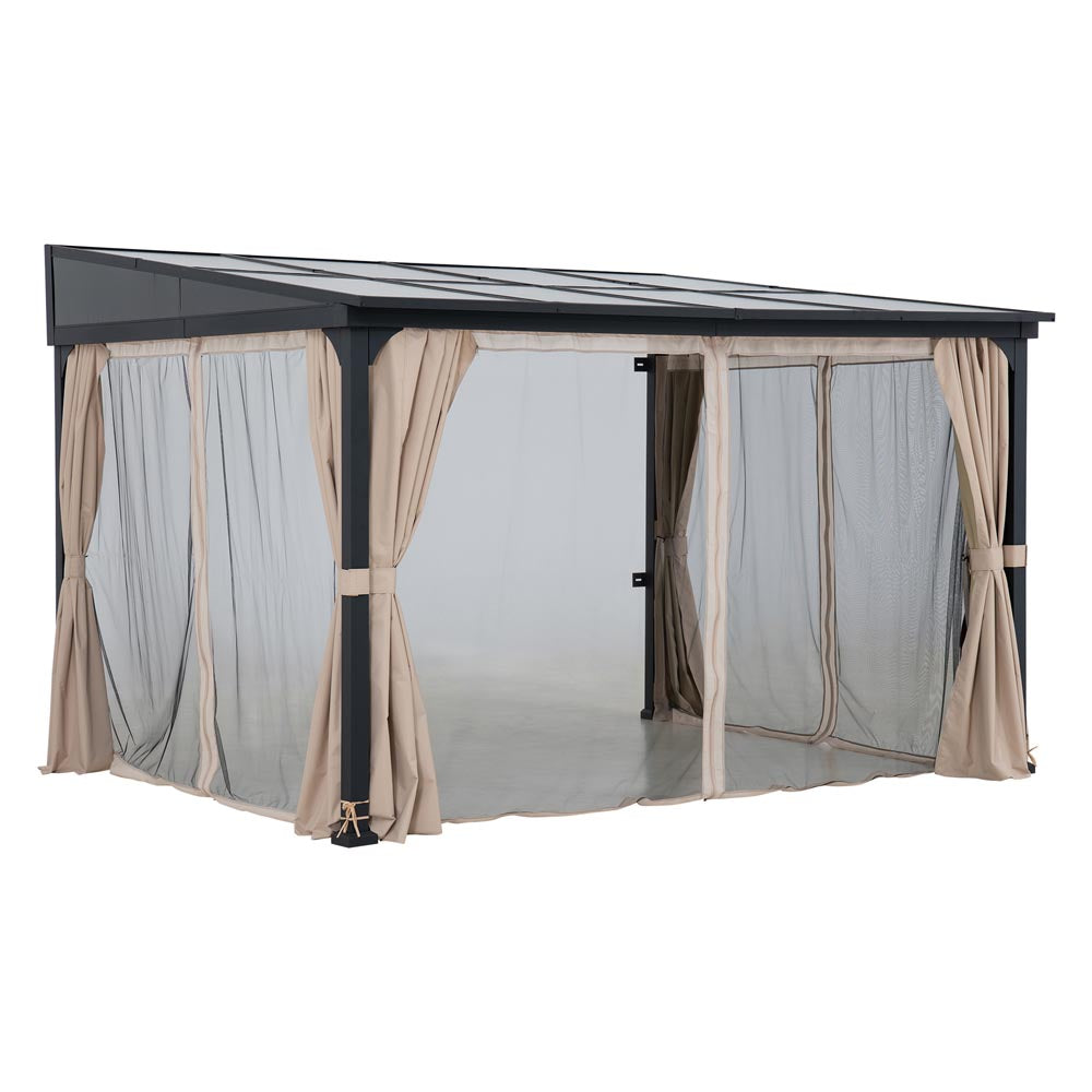 SUNJOY 10x12 Polycarbonate Roof Wall Mounted Gazebo, Lean to Gazebo with Curtain and Netting