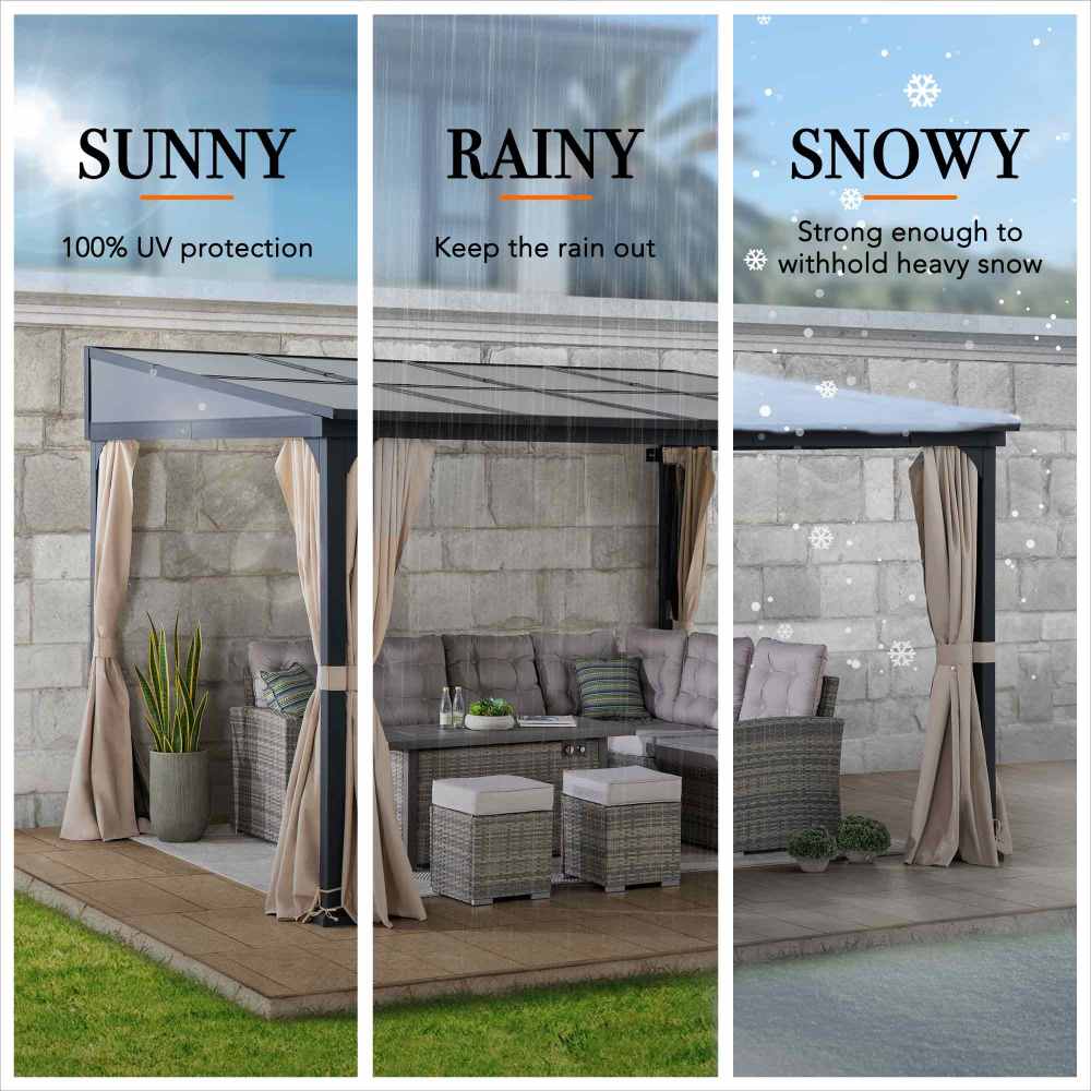 SUNJOY 10x12 Polycarbonate Roof Wall Mounted Gazebo, Lean to Gazebo with Curtain and Netting