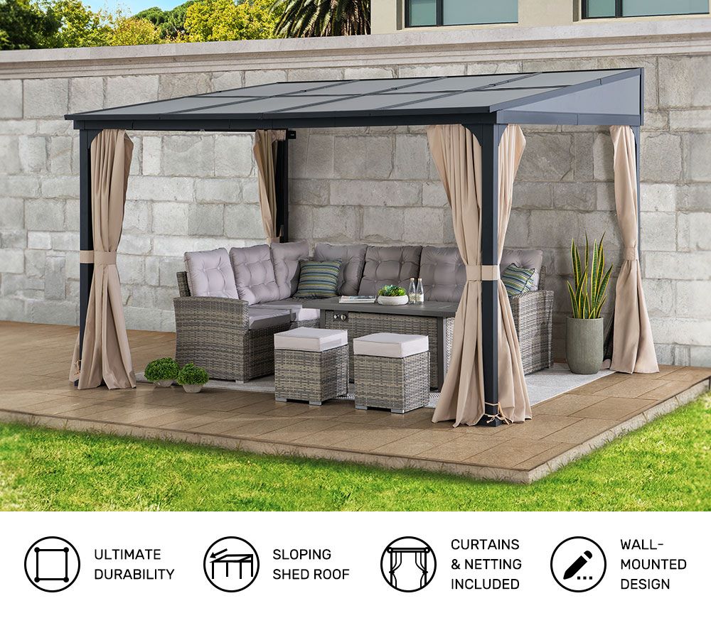 SUNJOY 10x12 Fabric Roof Wall Mounted Gazebo, Lean to Gazebo with Curtain and Netting