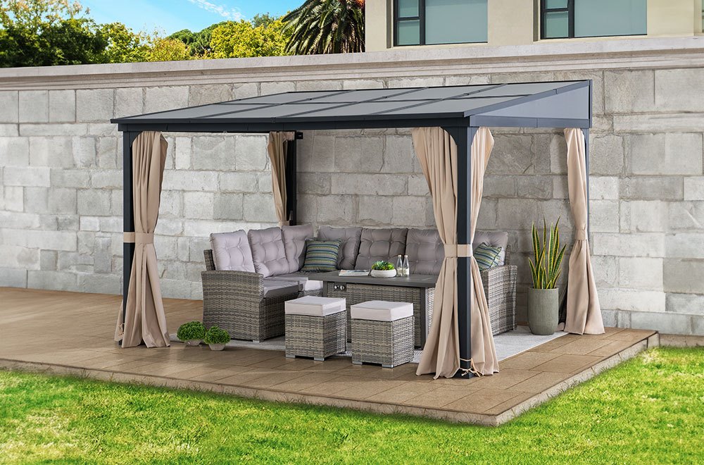 SUNJOY Wall Mounted Gazebo, Lean to Gazebo with Curtain and Netting