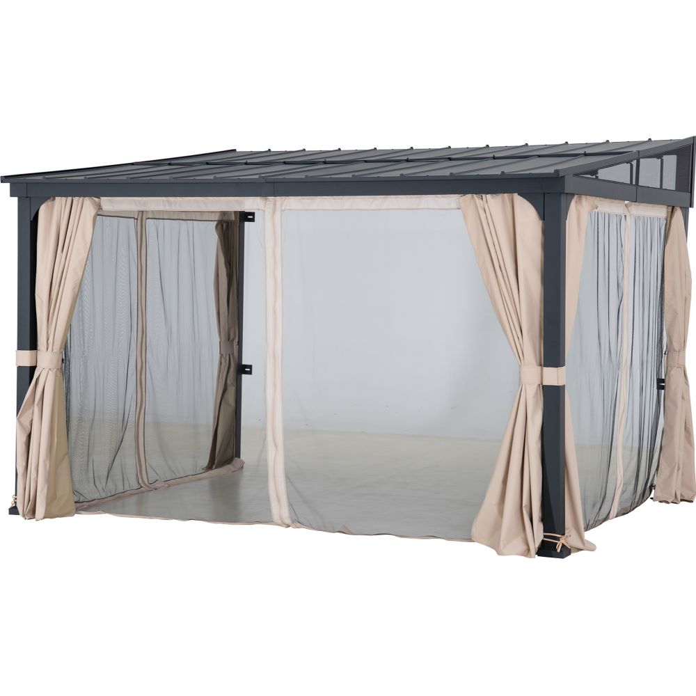 SUNJOY 10x12 Metal Roof Wall Mounted Gazebo, Lean to Gazebo with Curtain and Netting & SUNJOY 12x14 Metal Roof Wall Mounted Gazebo, Lean to Gazebo with Curtain and NettingSUNJOY 12x14 Metal Roof Wall Mounted Gazebo, Lean to Gazebo with Curtain and Netting