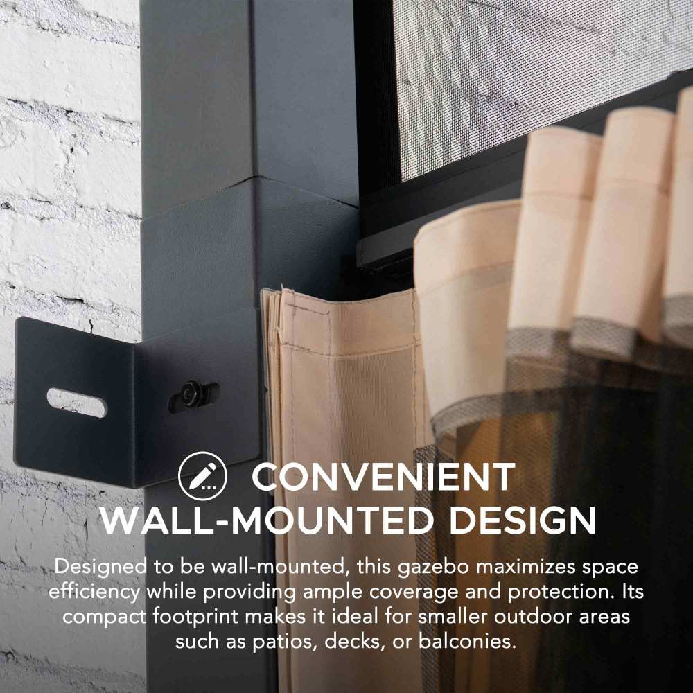 SUNJOY 10x12 Metal Roof Wall Mounted Gazebo, Lean to Gazebo with Curtain and Netting