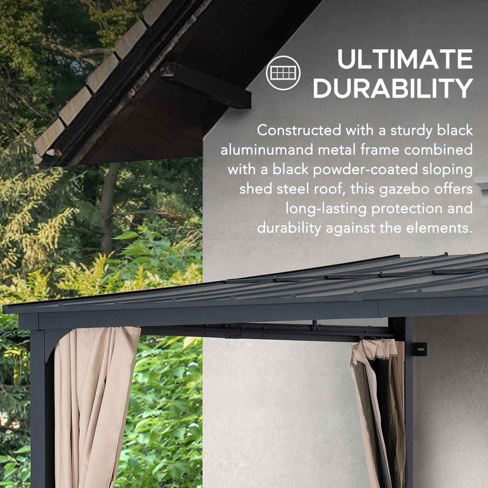 SUNJOY 10x12 Metal Roof Wall Mounted Gazebo, Lean to Gazebo with Curtain and Netting