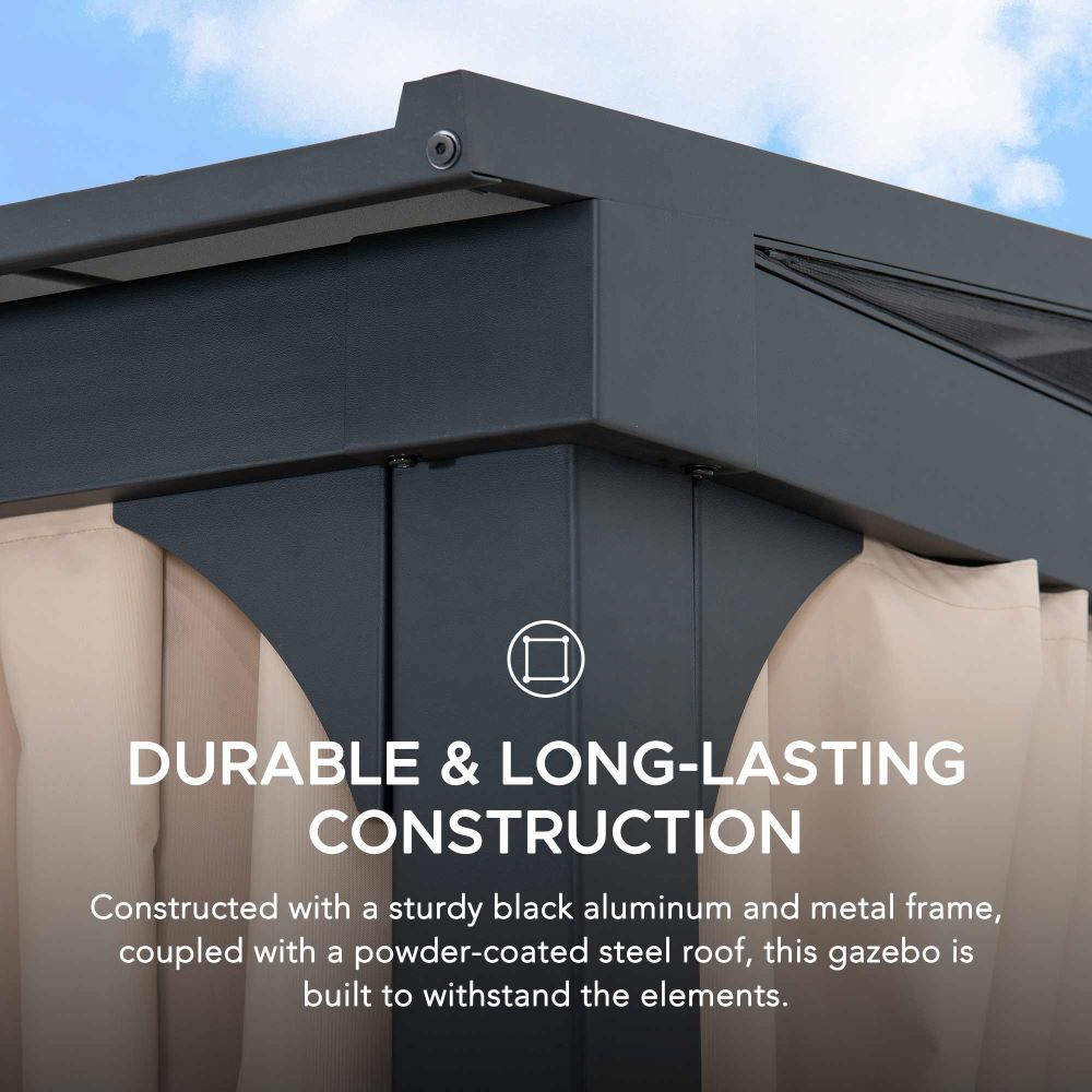 SUNJOY 10x12 Metal Roof Wall Mounted Gazebo, Lean to Gazebo with Curtain and Netting