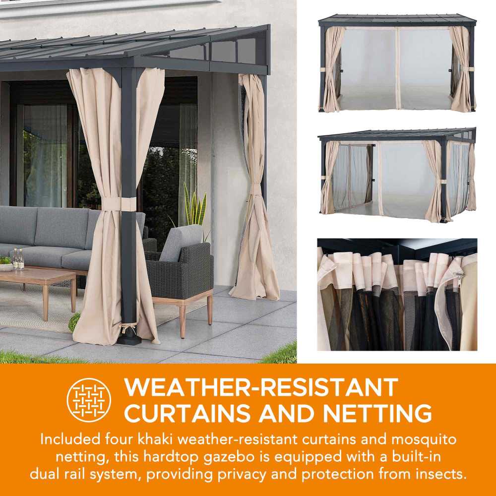 SUNJOY 10x12 Metal Roof Wall Mounted Gazebo, Lean to Gazebo with Curtain and Netting
