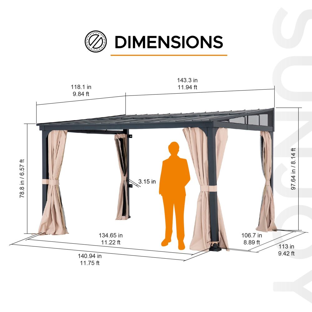 SUNJOY 10x12 Metal Roof Wall Mounted Gazebo, Lean to Gazebo with Curtain and Netting