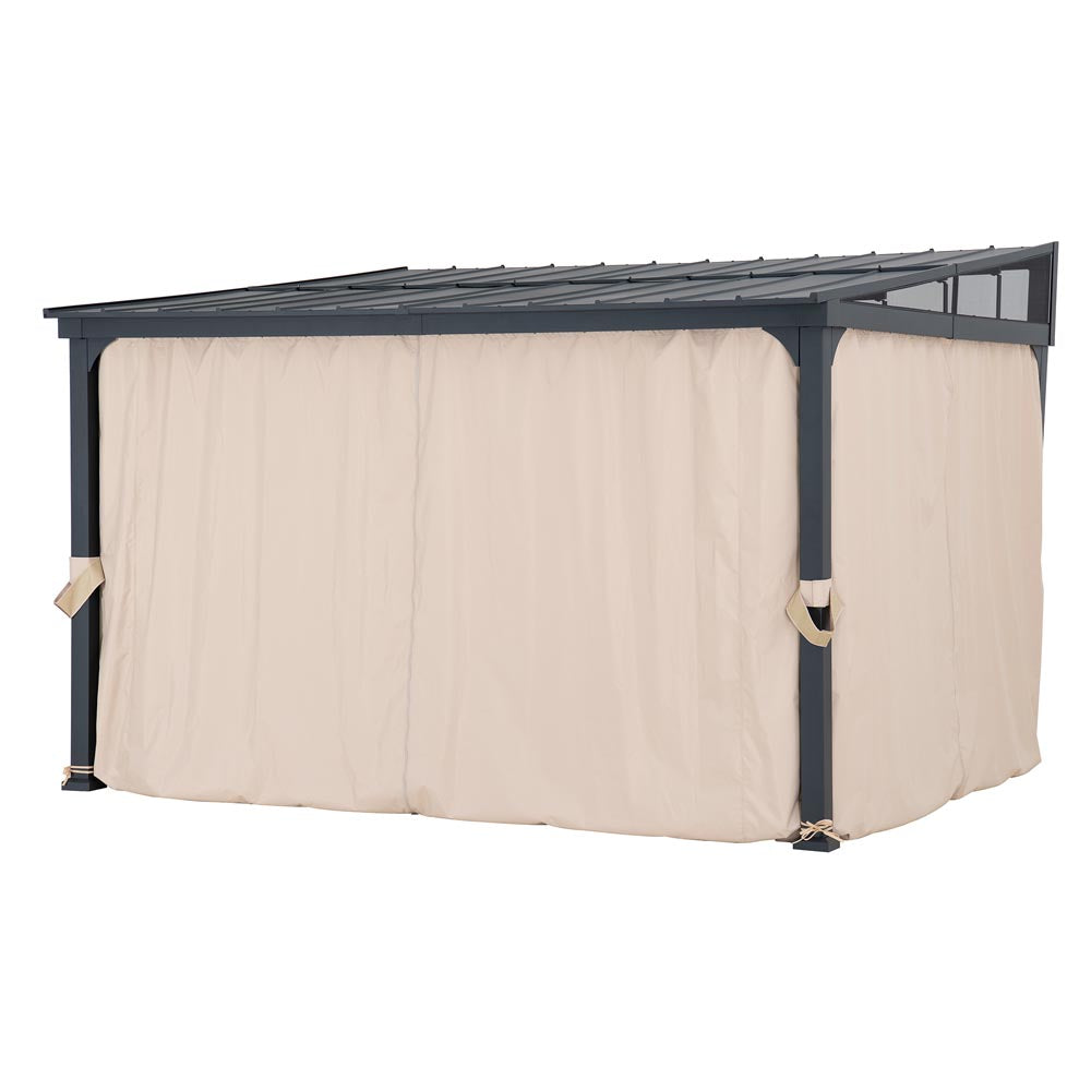 Sunjoy 10’ x 12’ Wall Mounted Gazebo, Black Aluminum & Metal Frame Lean to Gazebo with Curtains and Netting.