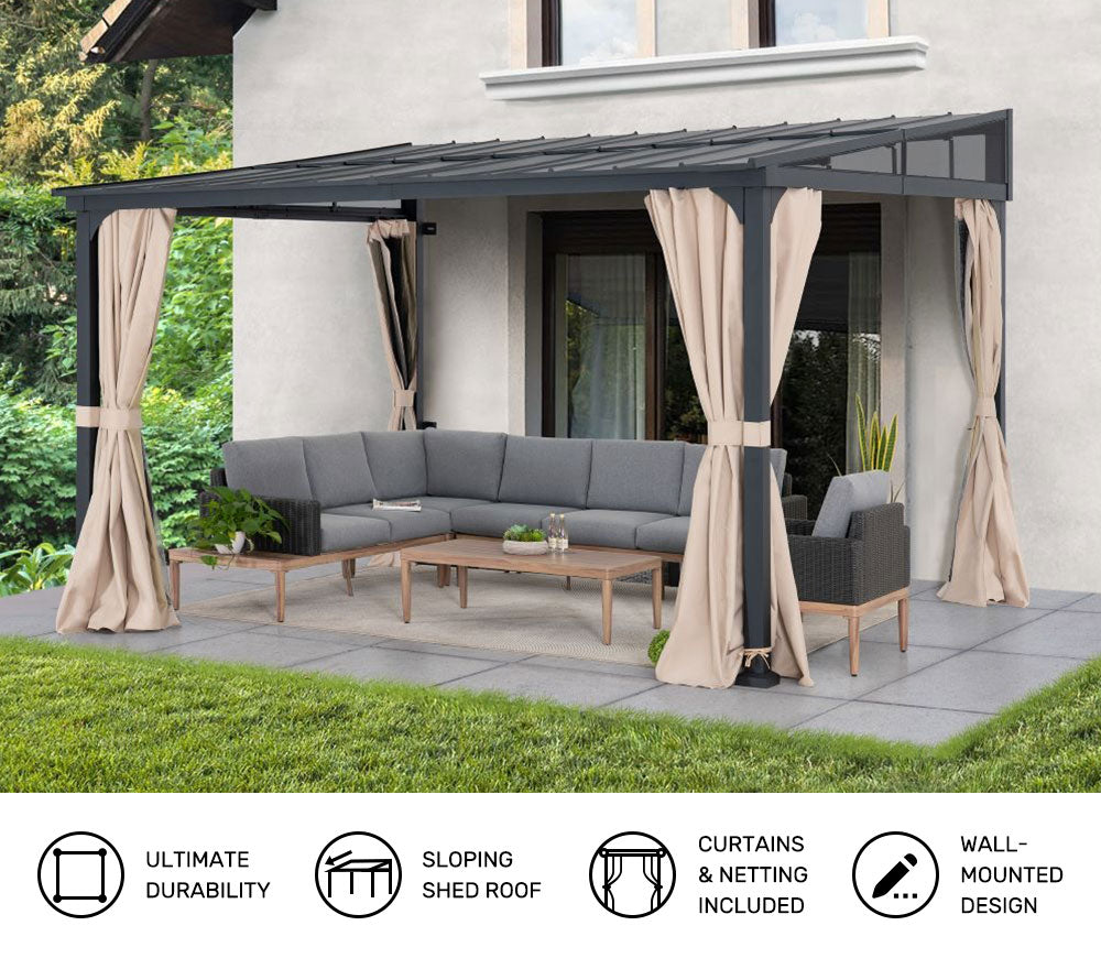 SUNJOY 10x12 Metal Roof Wall Mounted Gazebo, Lean to Gazebo with Curtain and Netting